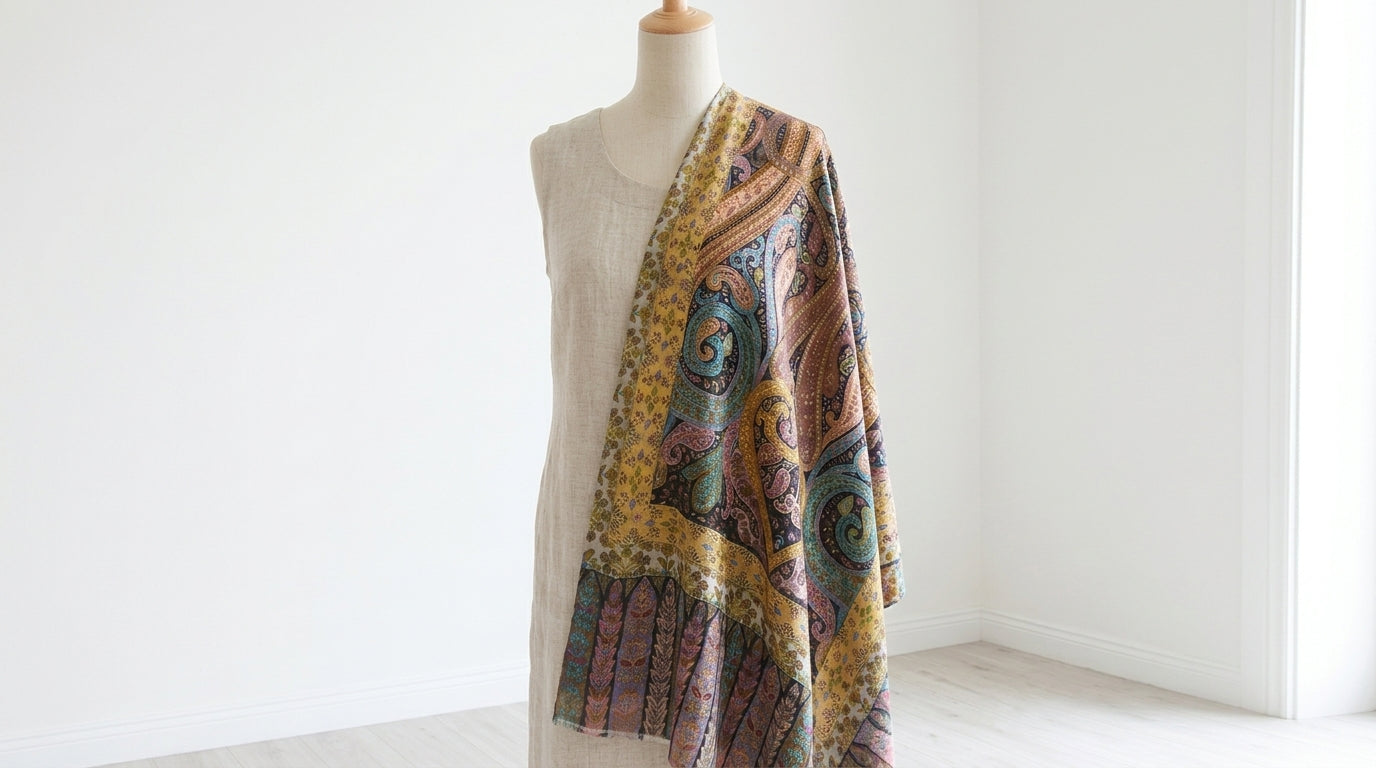 Stunning Kalamkari – Fine Cashmere Wool Shawl with Hand-Block Printing & Embroidery