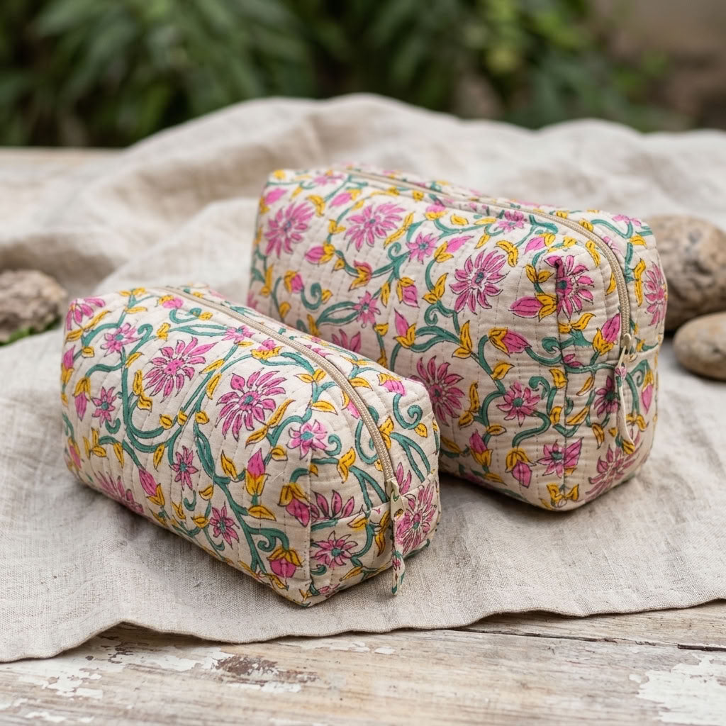 The Mélange - Hand-block Printed Quilted Makeup Bag | Cosmetic Pouch