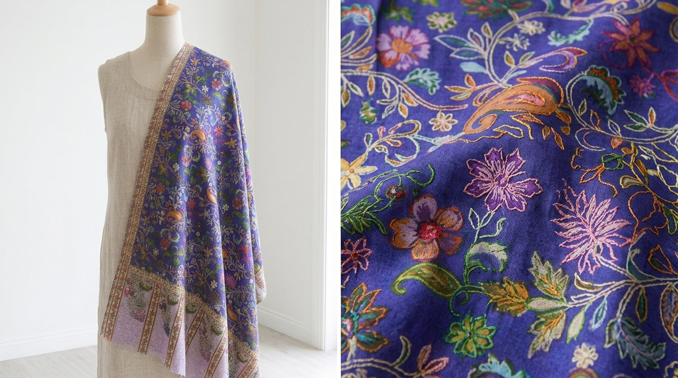 Stunning Kalamkari – Fine Cashmere Wool Shawl with Hand-Block Printing & Embroidery