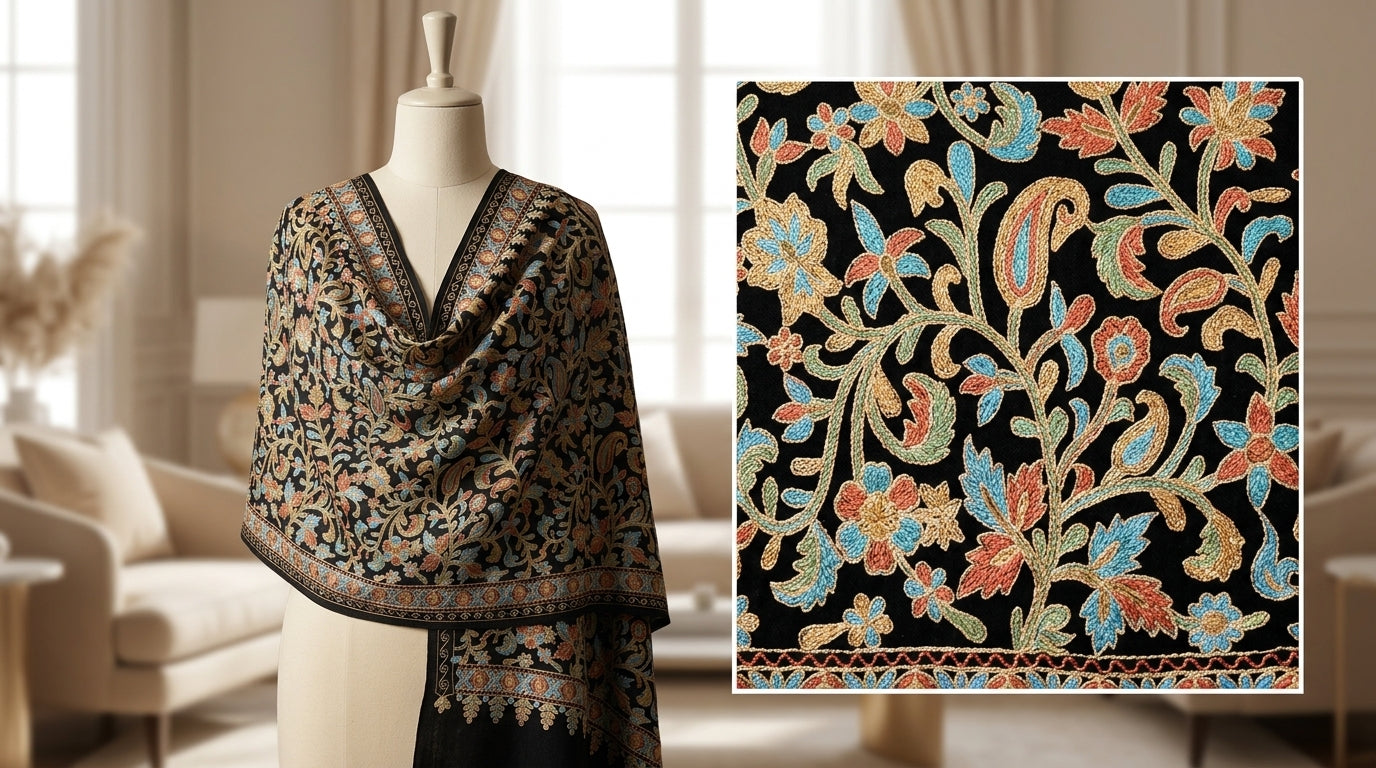 Heritage Nalki - Fine Cashmere Wool Shawl with Intricate Silk Embroidery