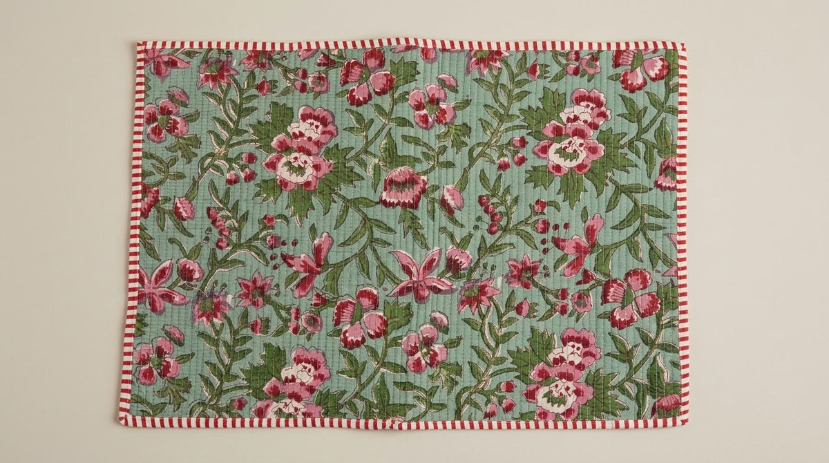 Flora Fiesta - Block Printed, Reversible, Quilted Cotton Placemats