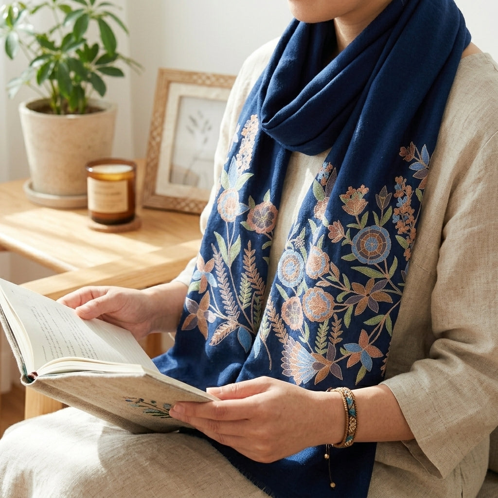 Person reading a book with a blue floral scarf draped over their shoulders in a cozy indoor setting.