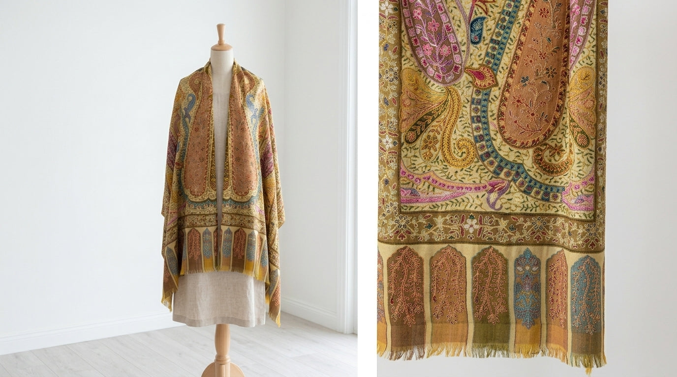 Stunning Kalamkari – Fine Cashmere Wool Shawl with Hand-Block Printing & Embroidery