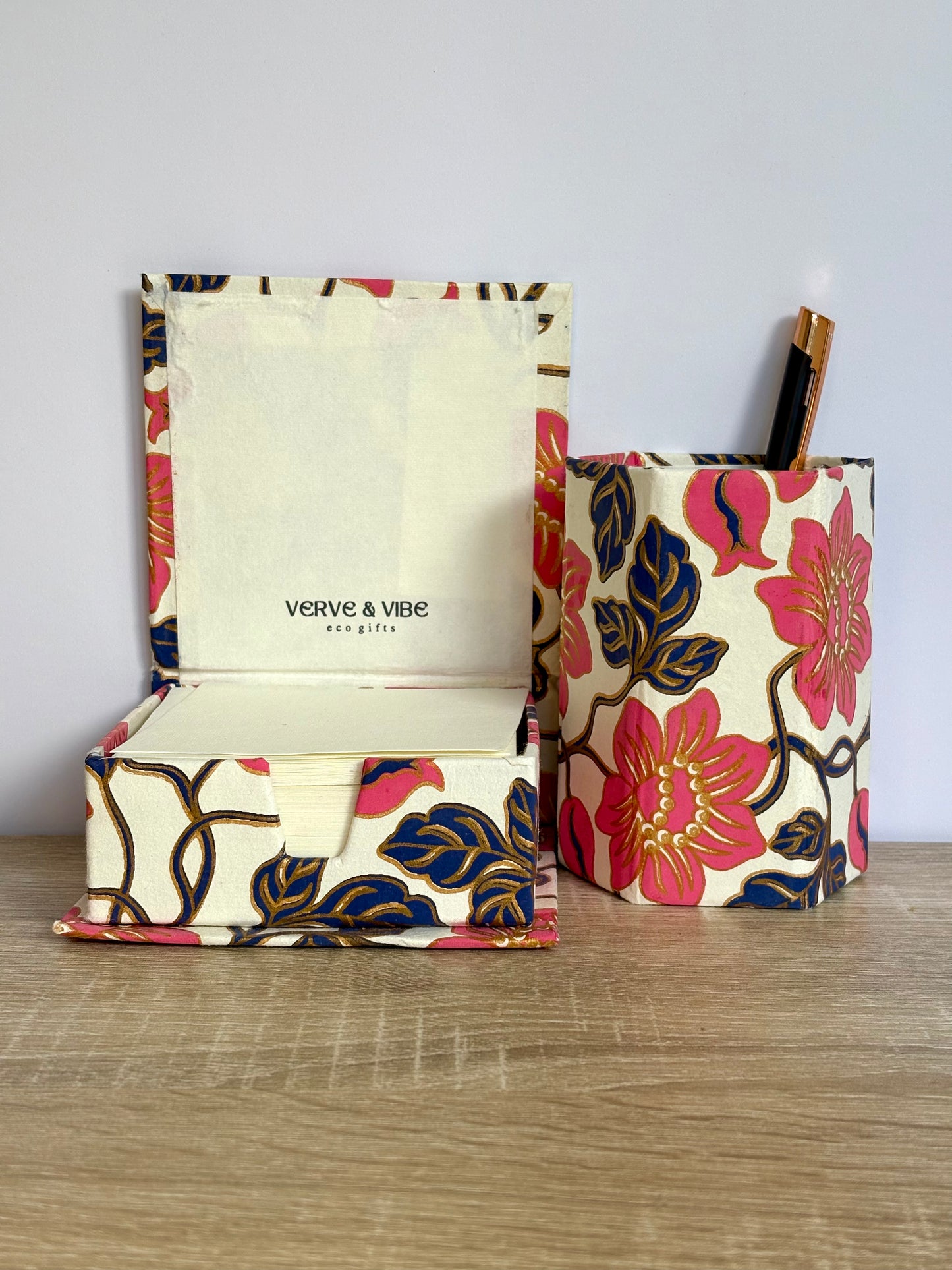 Gilded Flores - Stationery Gift Set, Notepad + Memo Block + Pen Holder with Pen, (Boxed)