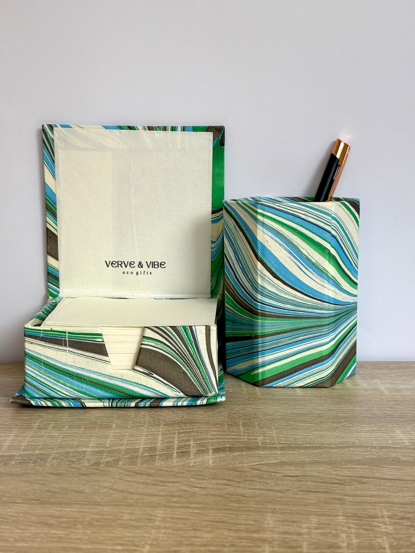 Verde Ferns - Stationery Gift Set, Notepad + Memo Block + Pen Holder with Pen, (Boxed)