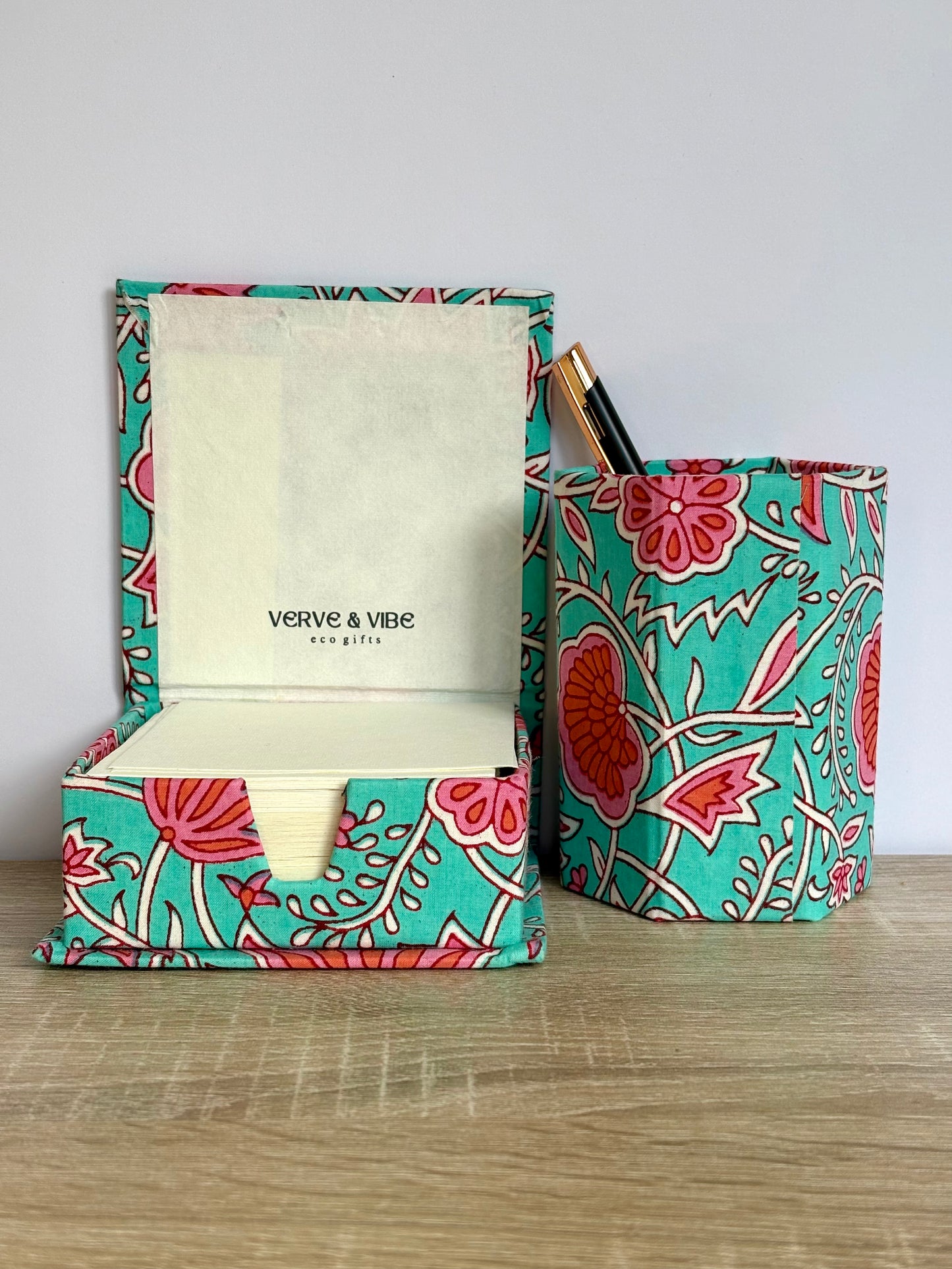 Firozi Flora - Stationery Gift Set, Fabric Journal + Memo Block + Pen Holder with Pen, (Boxed)