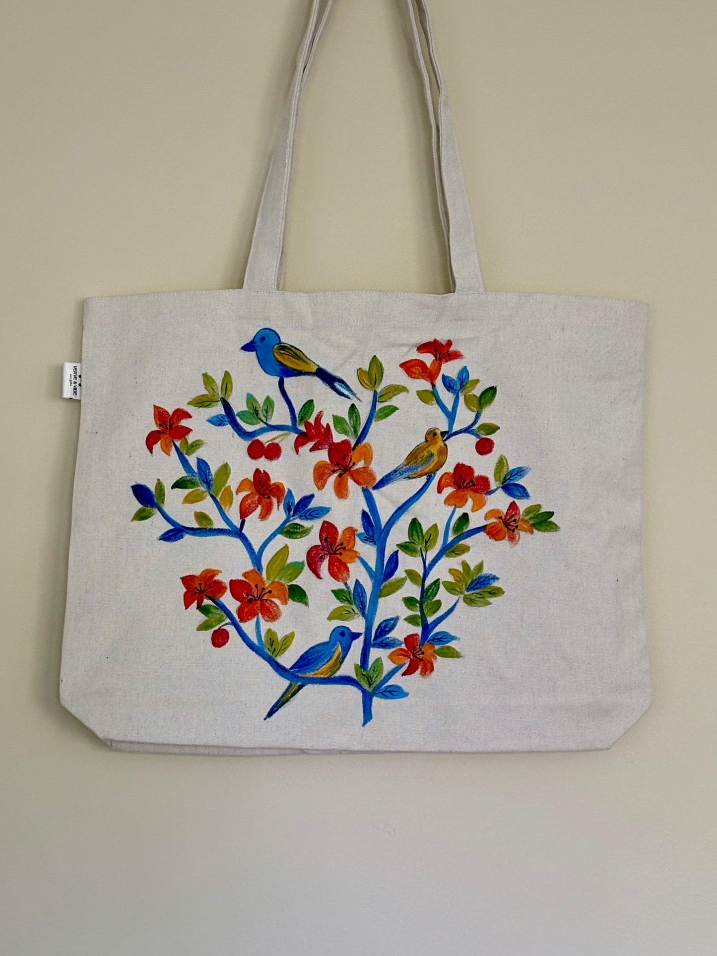 Fairy Wrens on Red Flowers - Hand Painted, Canvas Tote Bag