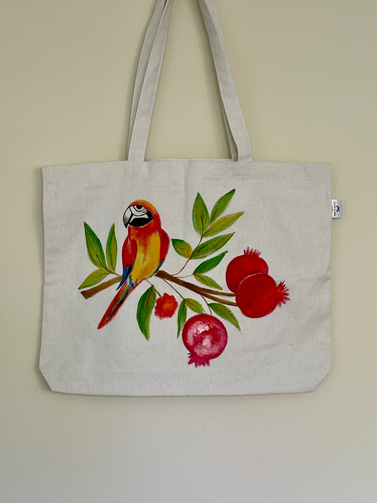 Peppy Parrot & Pomegranates - Hand Painted,Canvas Zippered Pouch