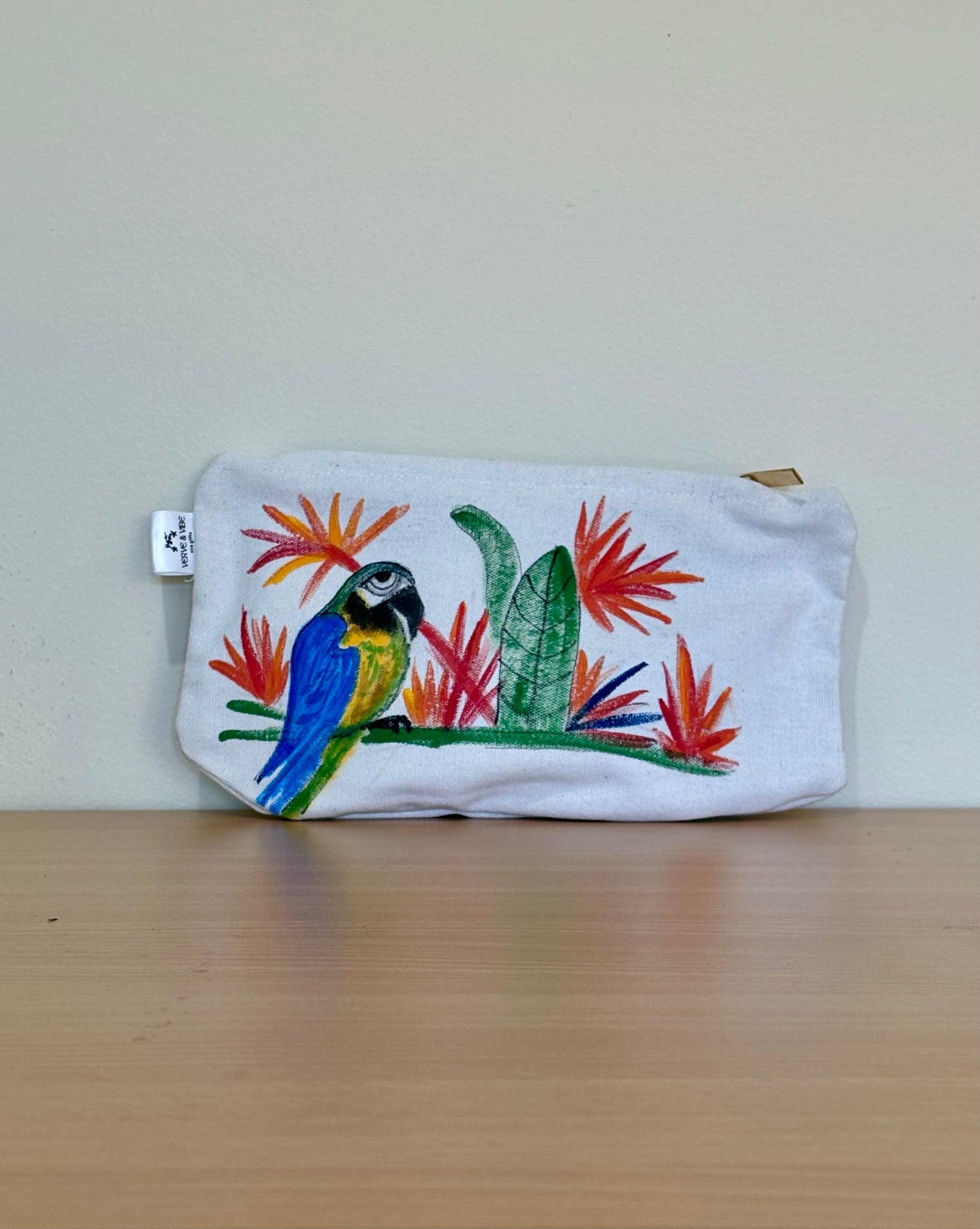 Parrot on Bird of Paradise - Hand Painted Canvas Tote Bag