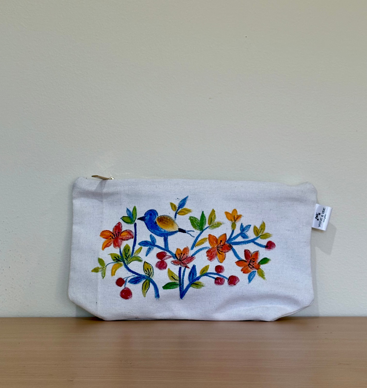 Fairy Wrens on Red Flowers - Hand Painted,Canvas Zippered Pouch