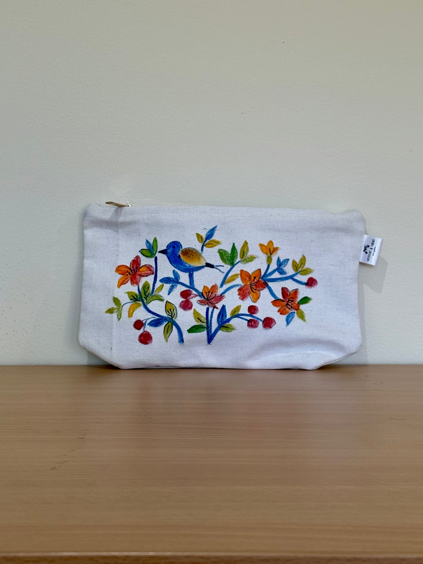 Fairy Wrens on Red Flowers - Hand Painted, Canvas Tote Bag