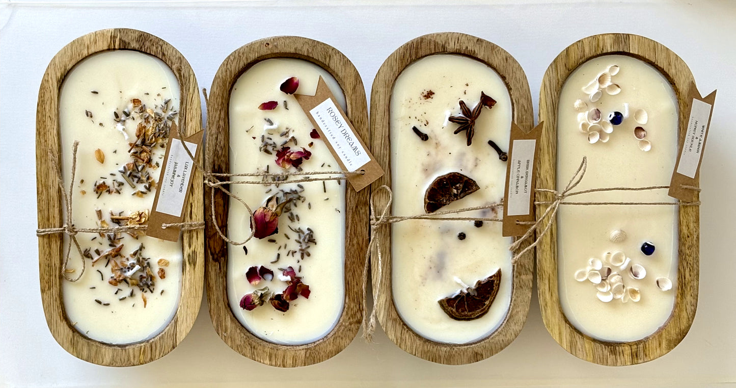 Luxe Wooden Dough Bowl, Soy Wax Candles - Infused with Essential Oils, 400g