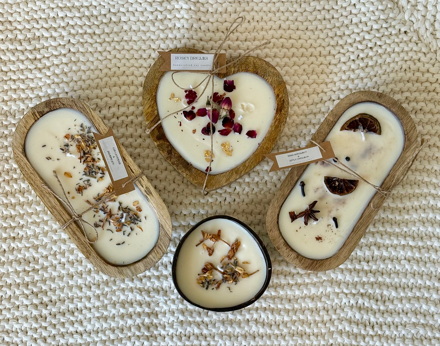 Luxe Wooden Dough Bowl, Soy Wax Candles - Infused with Essential Oils, 400g