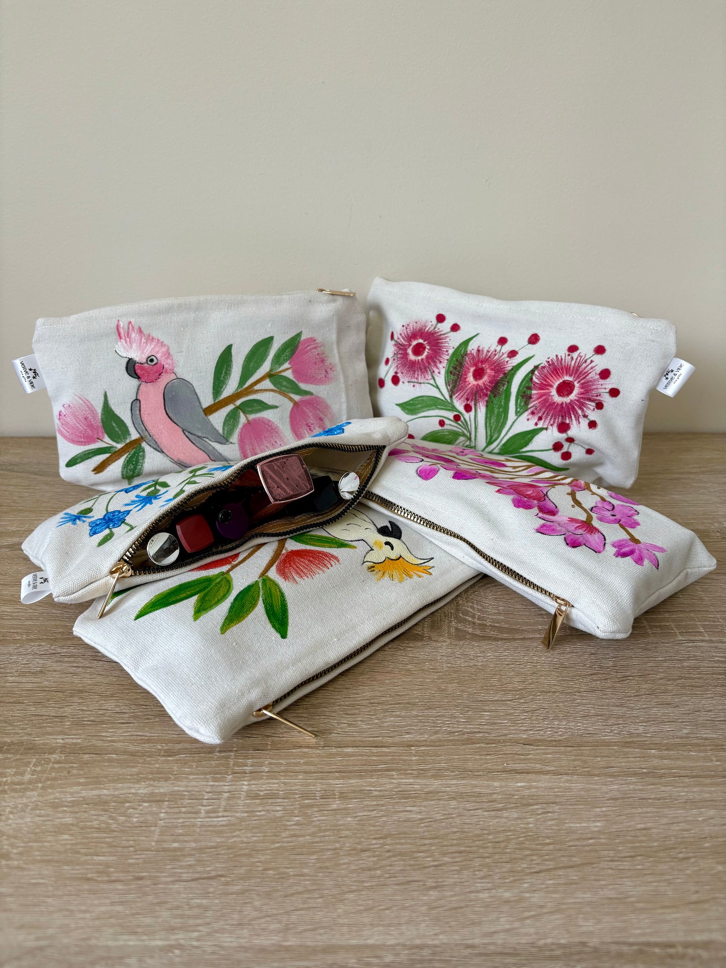 Magenta & Mauve Blooms - Hand Painted,Canvas Zippered Pouch