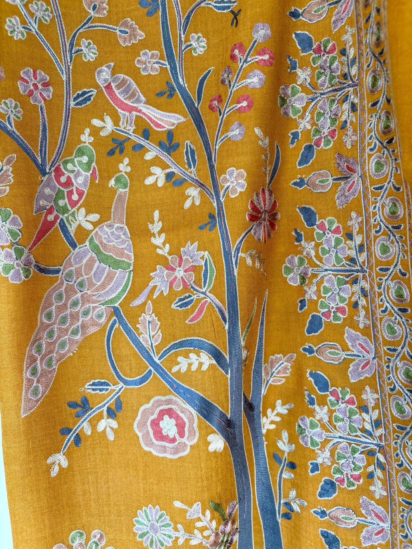 Gorgeous Gulmohar - Fine Cashmere Wool Shawl in Rich Mustard with Delicate, Heritage Nalki Embroidery