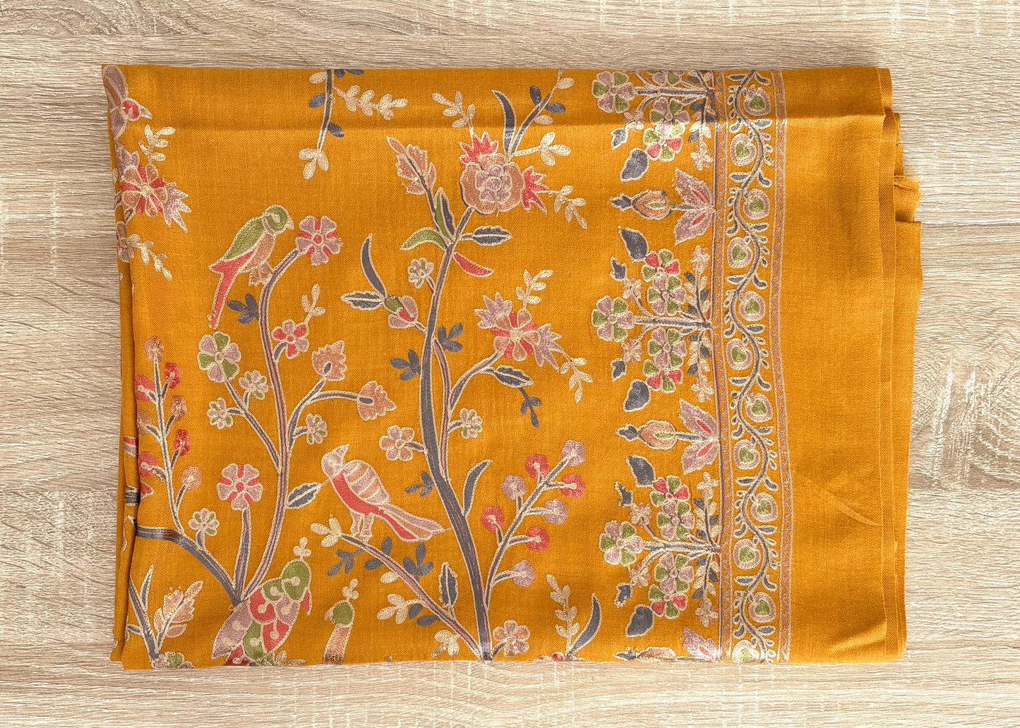 Gorgeous Gulmohar - Fine Cashmere Wool Shawl in Rich Mustard with Delicate, Heritage Nalki Embroidery