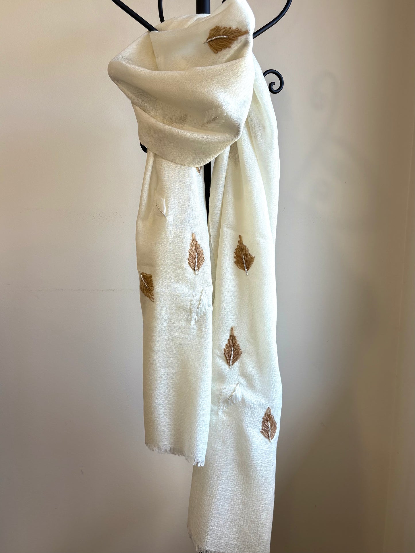 Pearls & Petals - Fine Cashmere Wool Shawl in Timeless Ivory, Hand Embroidered with Pearl Beads