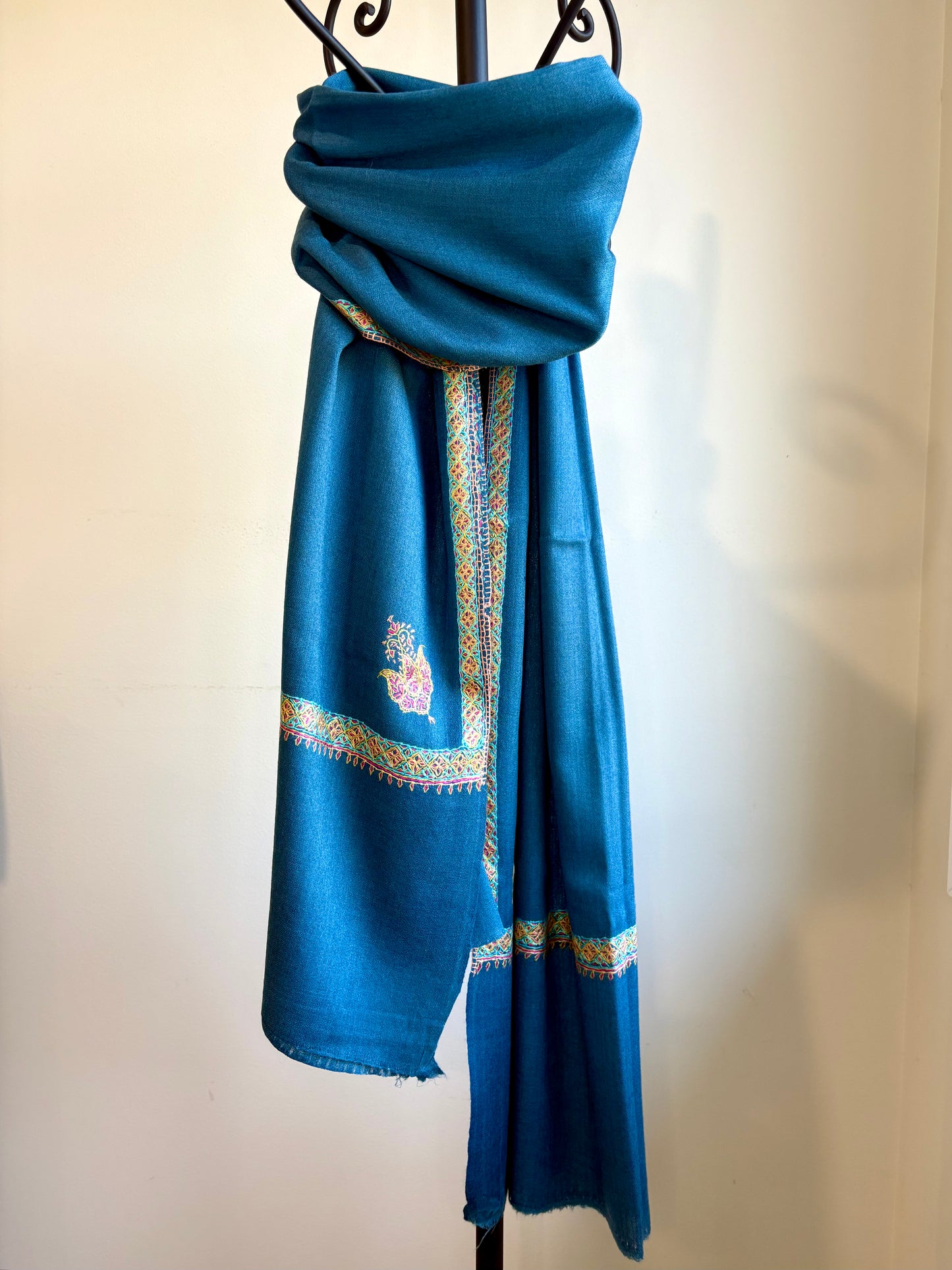 Sozni Hashidar - Fine Cashmere Wool Shawl in Midnight Teal with Delicate, Sozni Hand Embroidery