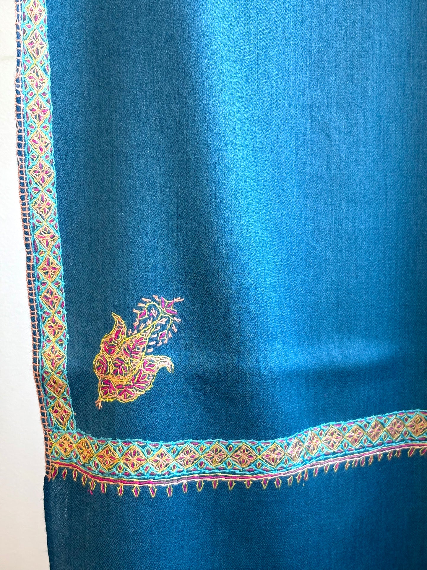 Sozni Hashidar - Fine Cashmere Wool Shawl in Midnight Teal with Delicate, Sozni Hand Embroidery