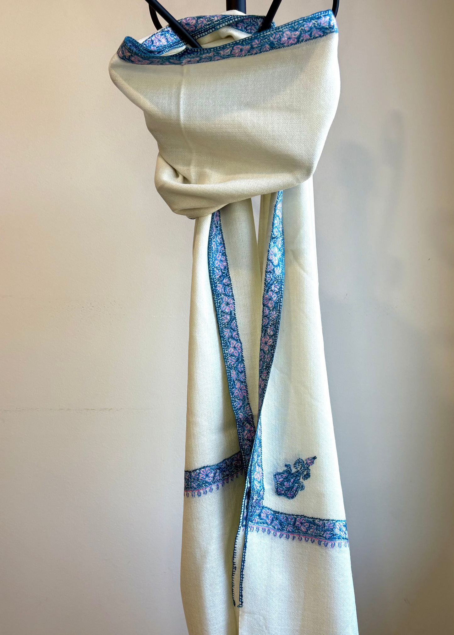 Sozni Hashidar - Fine Cashmere Wool Shawl in Classic Ivory with Delicate, Sozni Hand Embroidery