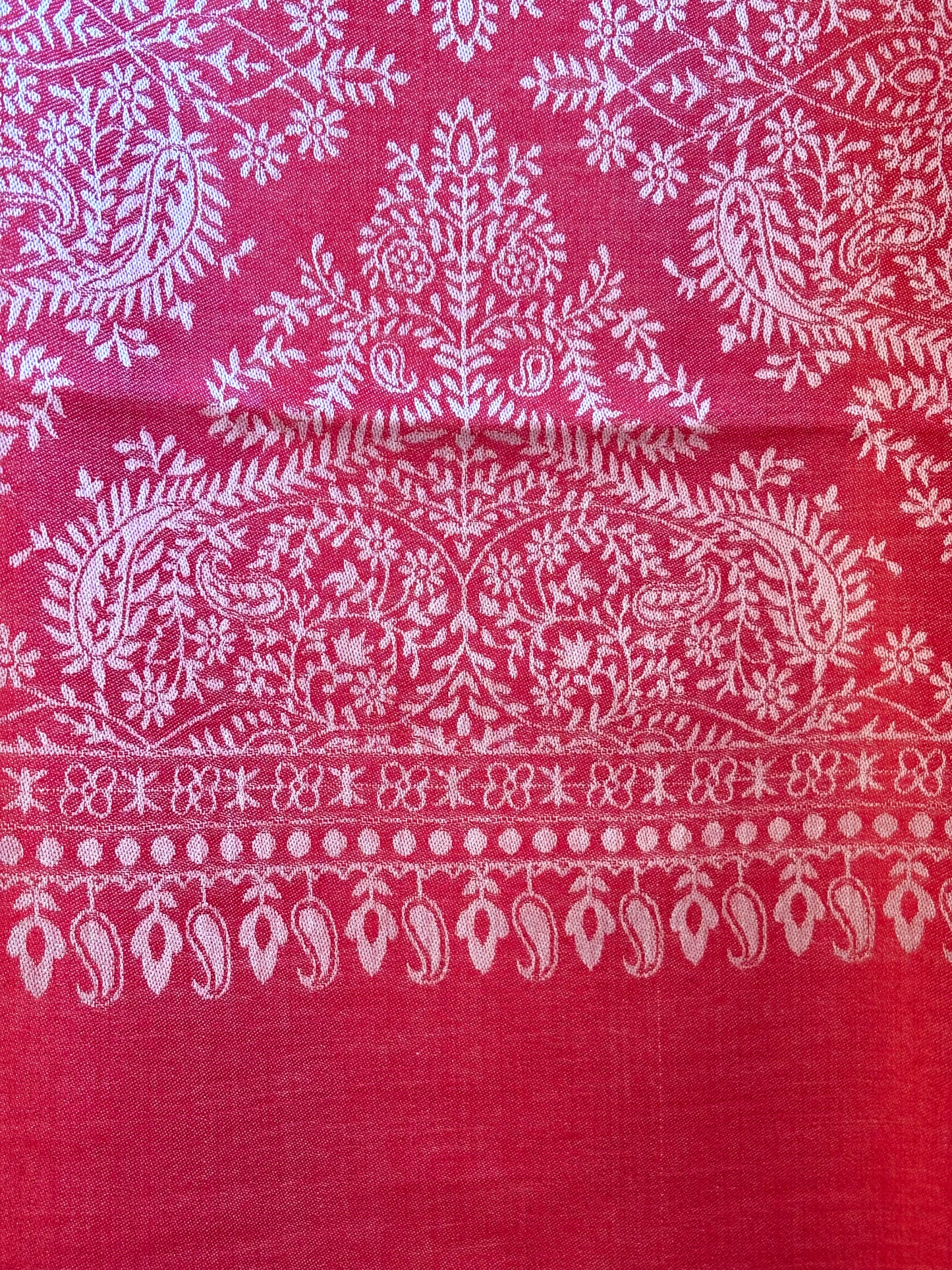 Beautiful Buta - Soft Wrap Shawl in Coral Red & White with Intricate Floral Motif in Jacquard Weave