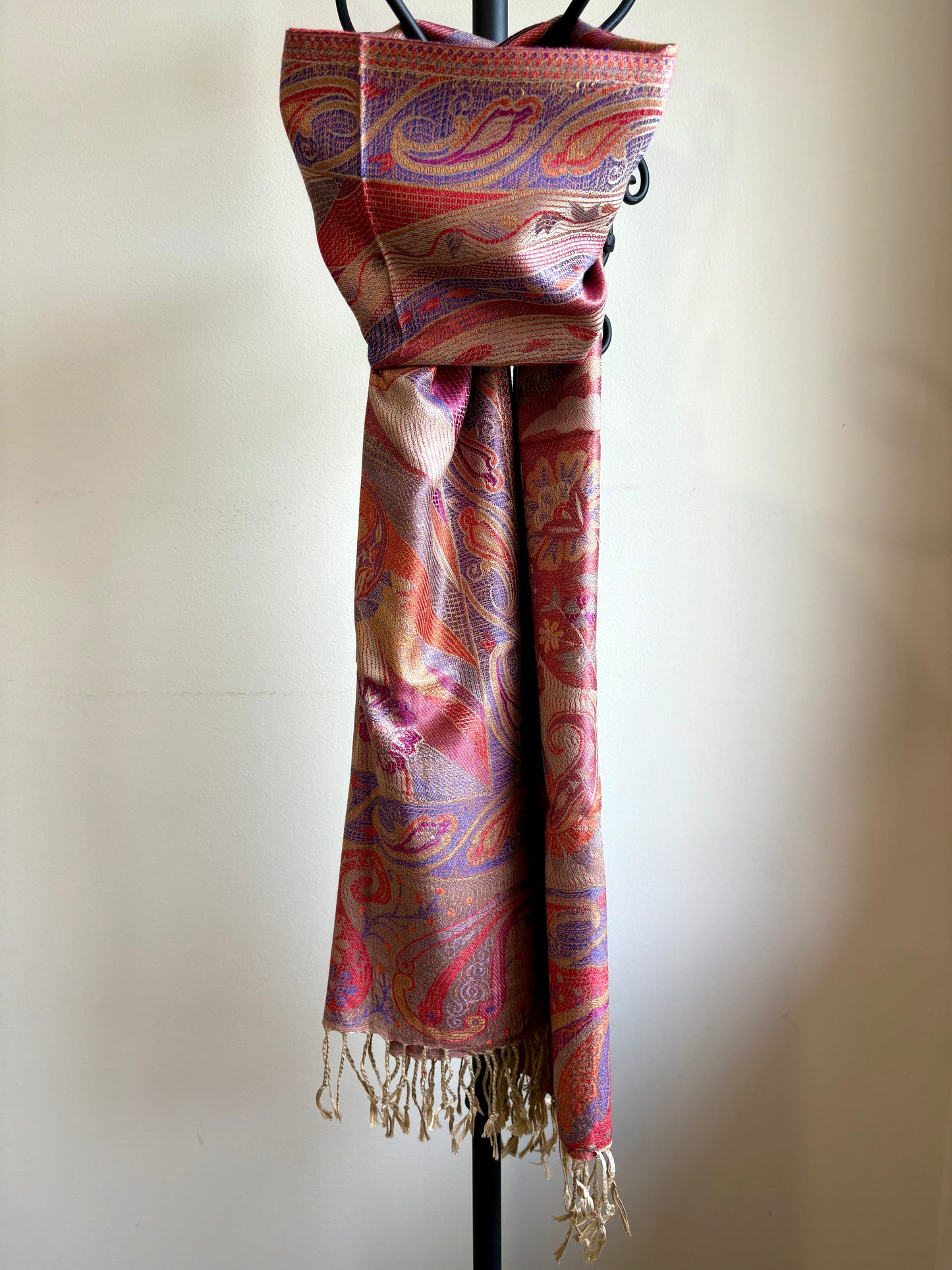 Kashmiri Motif - Reversible Wrap Shawl in Coral Pink & Orange with Intricate Jacquard Weave & Tassels