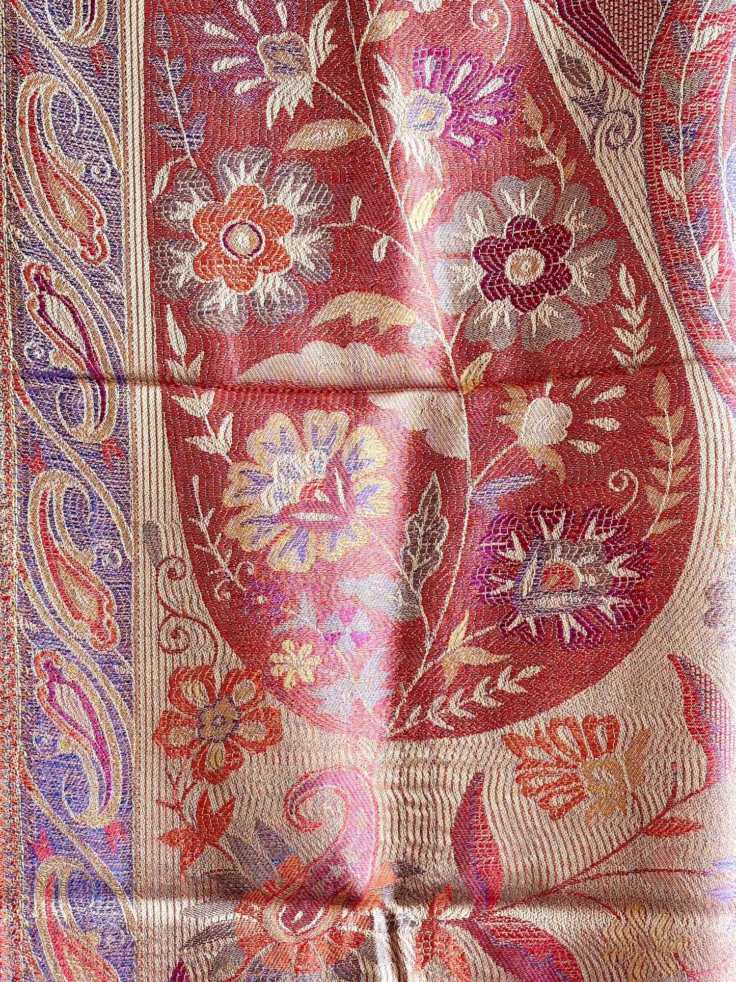 Kashmiri Motif - Reversible Wrap Shawl in Coral Pink & Orange with Intricate Jacquard Weave & Tassels