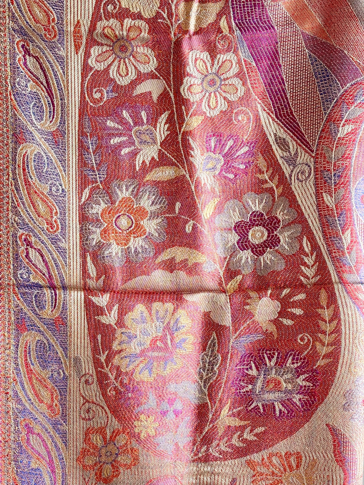 Kashmiri Motif - Reversible Wrap Shawl in Coral Pink & Orange with Intricate Jacquard Weave & Tassels