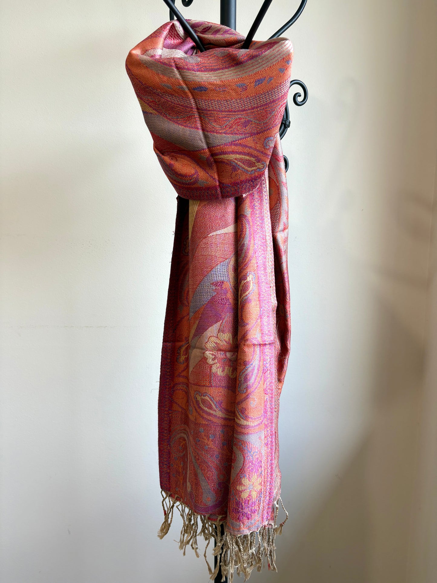 Kashmiri Motif - Reversible Wrap Shawl in Coral Pink & Orange with Intricate Jacquard Weave & Tassels