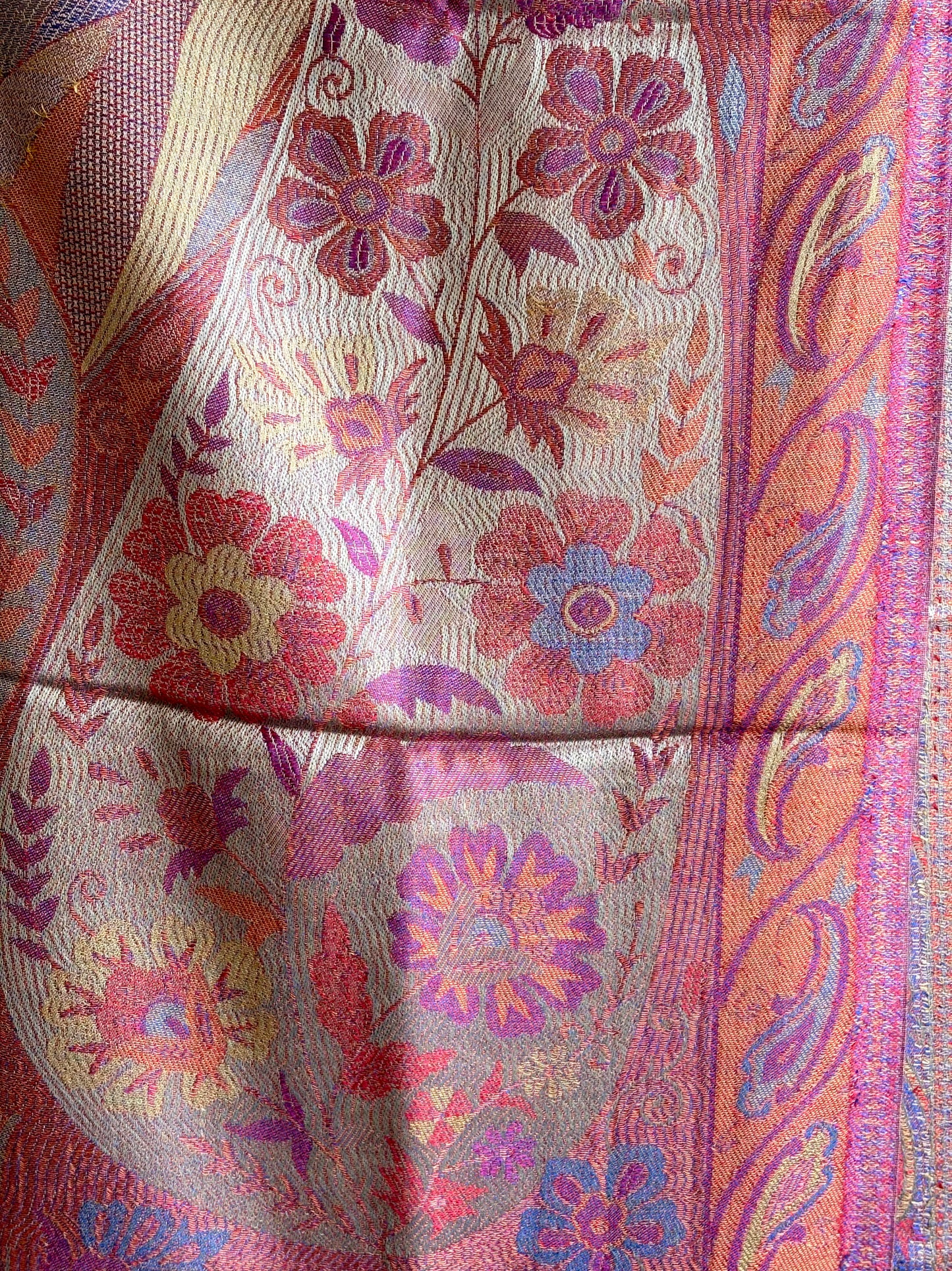Kashmiri Motif - Reversible Wrap Shawl in Coral Pink & Orange with Intricate Jacquard Weave & Tassels