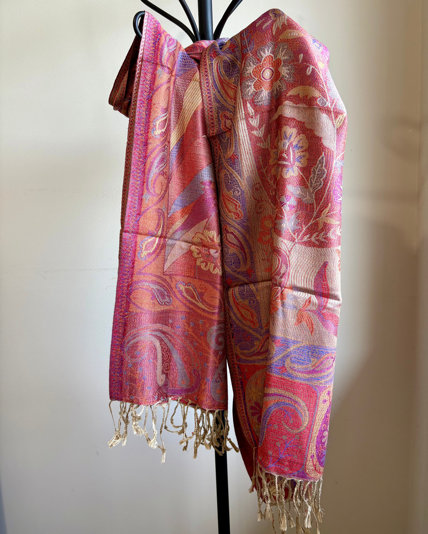 Kashmiri Motif - Reversible Wrap Shawl in Coral Pink & Orange with Intricate Jacquard Weave & Tassels