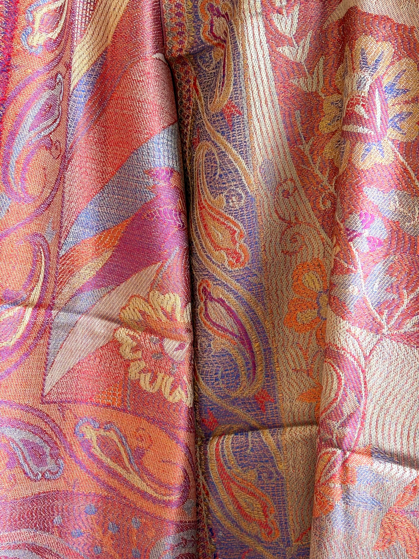Kashmiri Motif - Reversible Wrap Shawl in Coral Pink & Orange with Intricate Jacquard Weave & Tassels