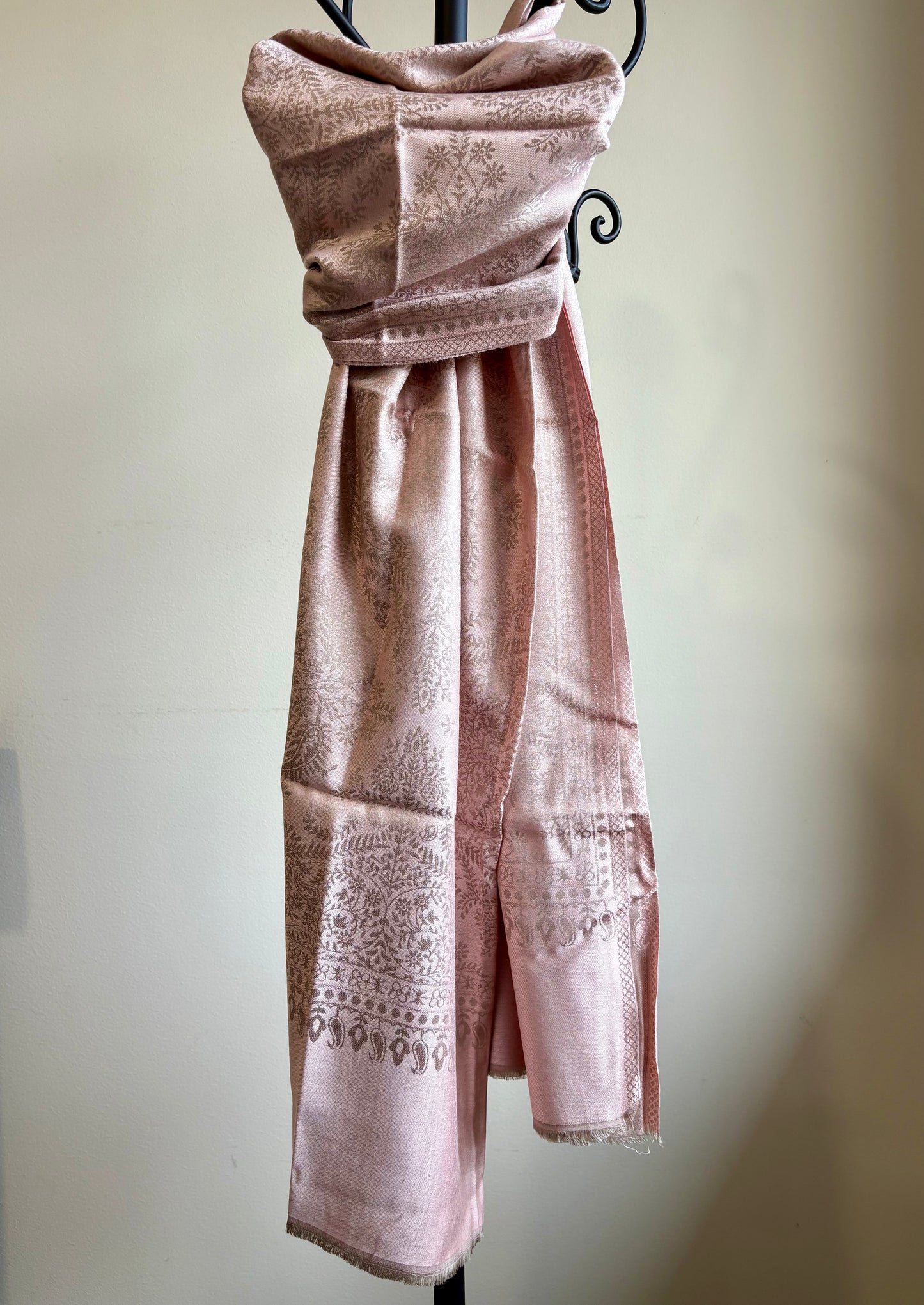 Beautiful Buta - Soft Wrap Shawl in Dusty Rose & Silver with Intricate Floral Motif in Jacquard Weave