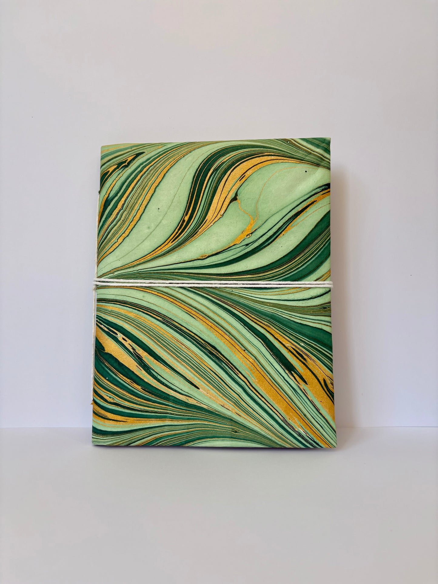 Wavy Verde - Marbled Cover and Flower Paper, Handmade Blank Journal