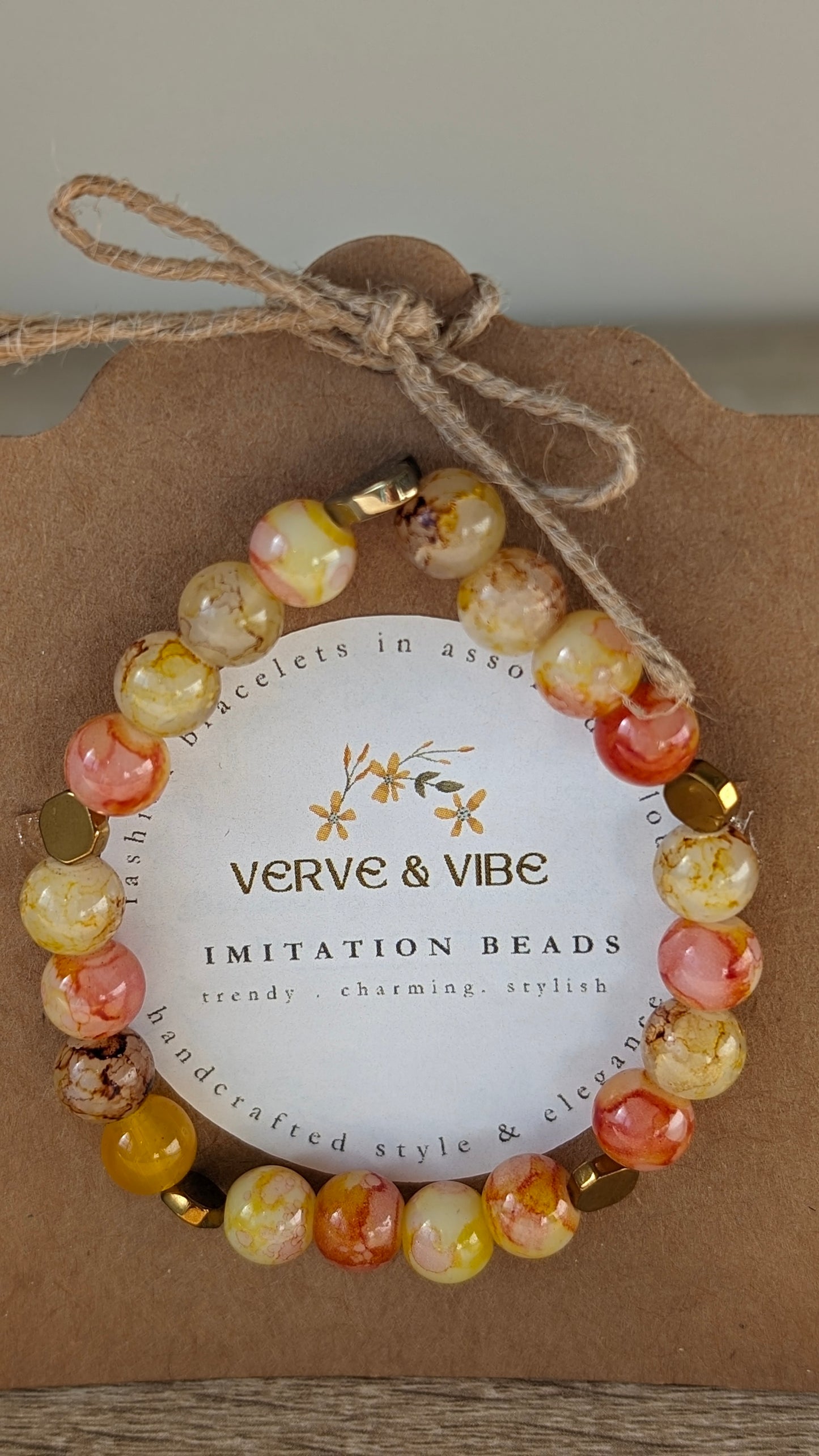 Pretty Orange Yellow with Golden Beads, Imitation Quartz Bracelet