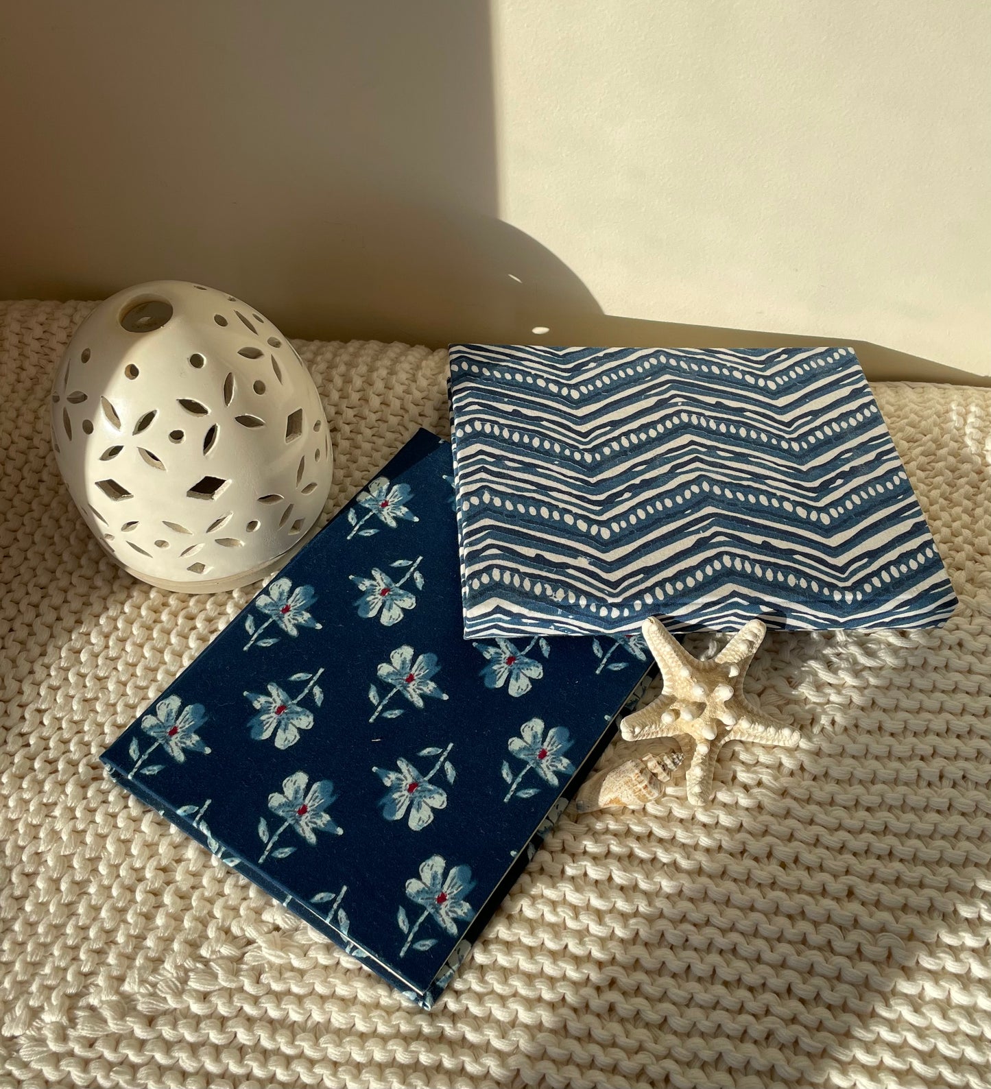 Geo Indigo - Fabric Cover, Handmade Ruled Notebook