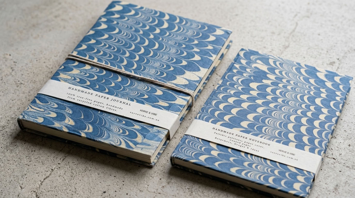 Indigo Crests -  Marbled Cover, Handmade Journal & Notebook