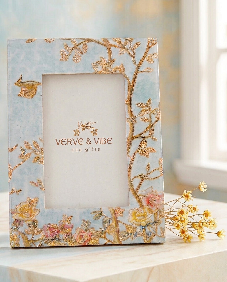 Firozi Flora - Luxe Gold Foil Accent, Handcrafted Wood Photo Frame