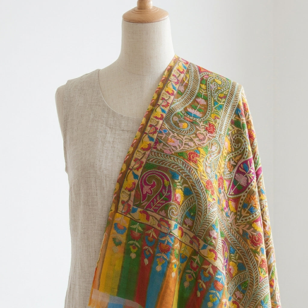 Stunning Kalamkari – Fine Cashmere Wool Shawl with Hand-Block Printing & Embroidery