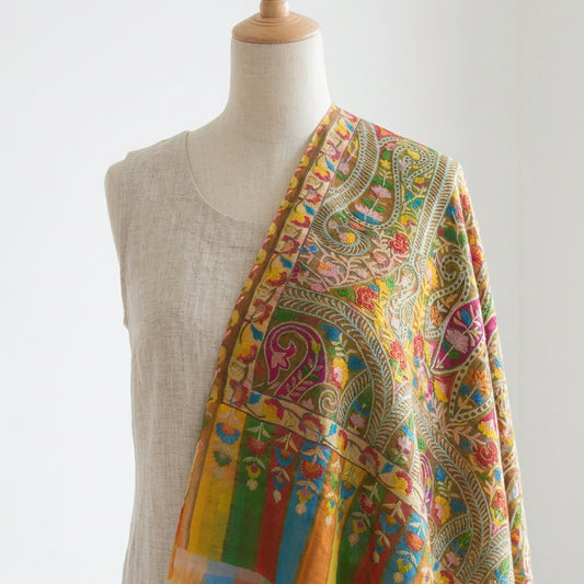 Stunning Kalamkari – Fine Cashmere Wool Shawl with Hand-Block Printing & Embroidery