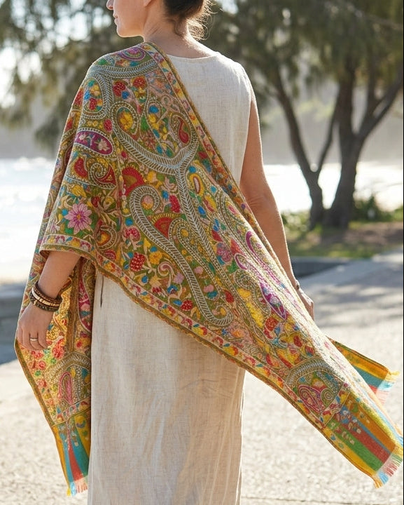 Stunning Kalamkari – Fine Cashmere Wool Shawl with Hand-Block Printing & Embroidery