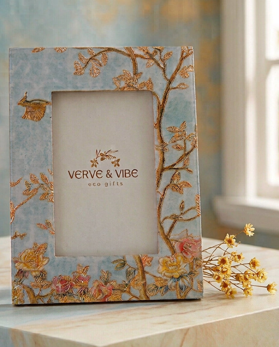 Firozi Flora - Luxe Gold Foil Accent, Handcrafted Wood Photo Frame