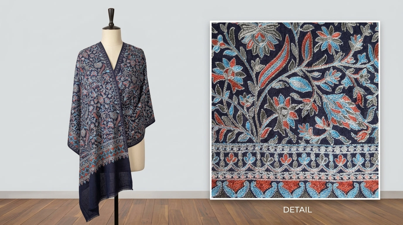 Heritage Nalki - Fine Cashmere Wool Shawl with Intricate Silk Embroidery
