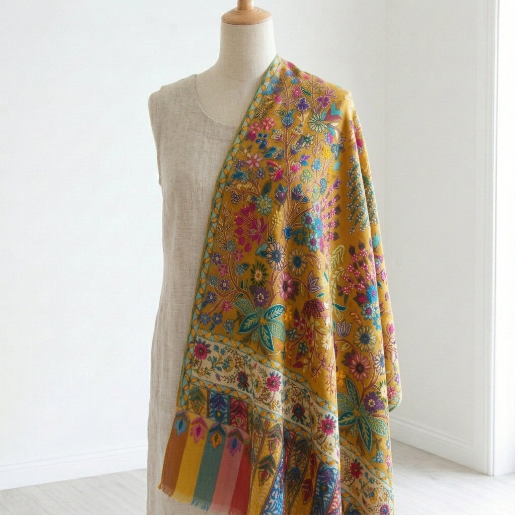 Stunning Kalamkari – Fine Cashmere Wool Shawl with Hand-Block Printing & Embroidery