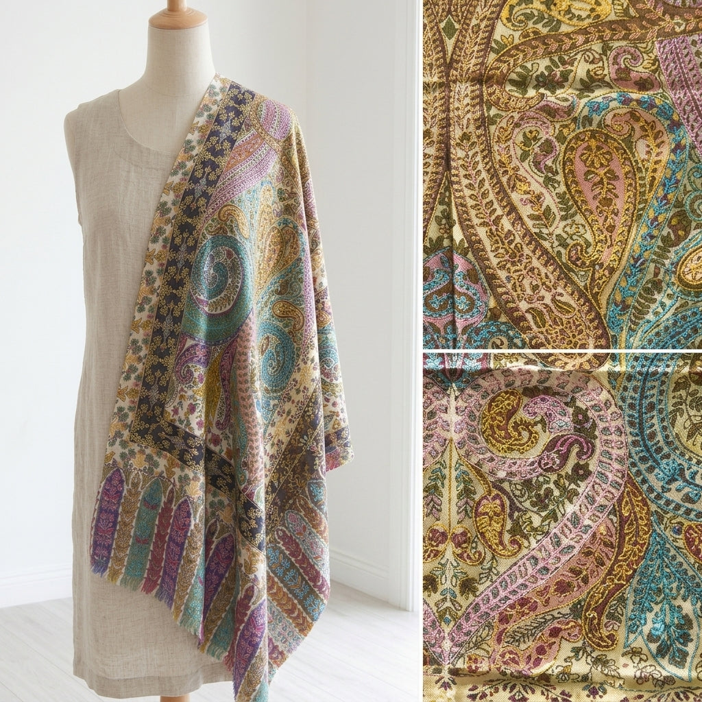 Stunning Kalamkari – Fine Cashmere Wool Shawl with Hand-Block Printing & Embroidery