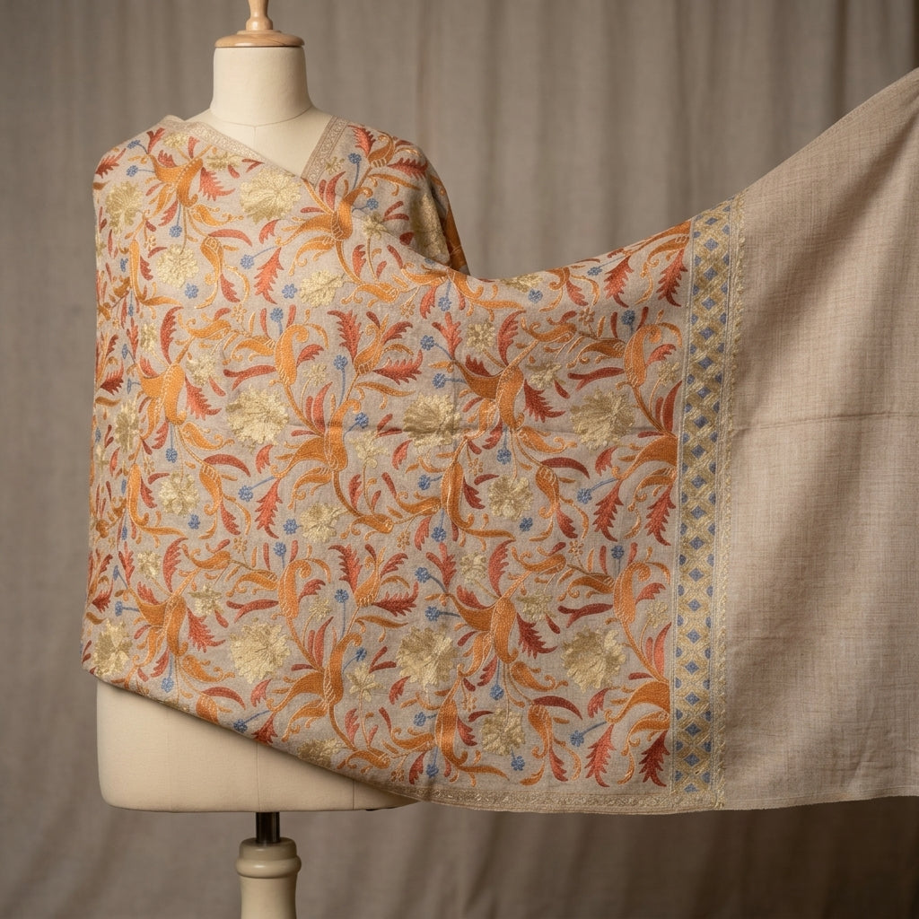 Heritage Nalki - Fine Cashmere Wool Shawl with Intricate Silk Embroidery