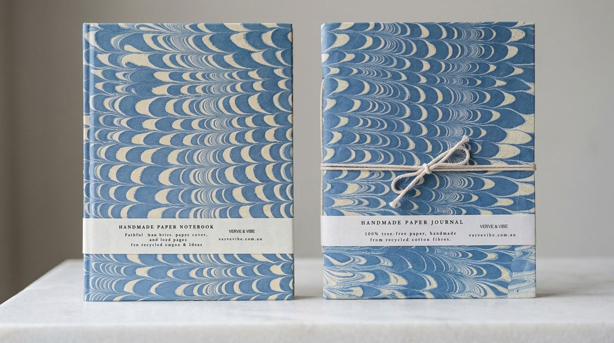 Indigo Crests -  Marbled Cover, Handmade Journal & Notebook