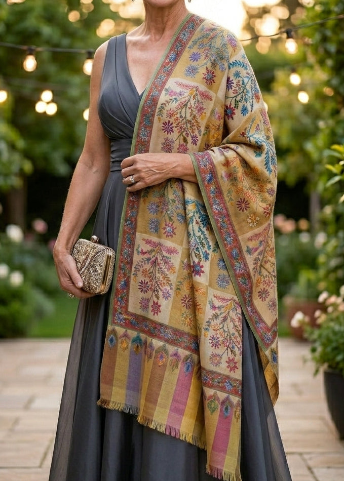 Stunning Kalamkari – Fine Cashmere Wool Shawl with Hand-Block Printing & Embroidery
