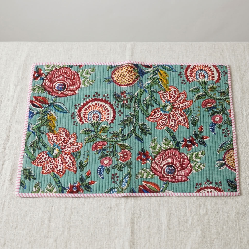 Garden Rhapsody - Block Printed, Reversible, Quilted Cotton Placemats