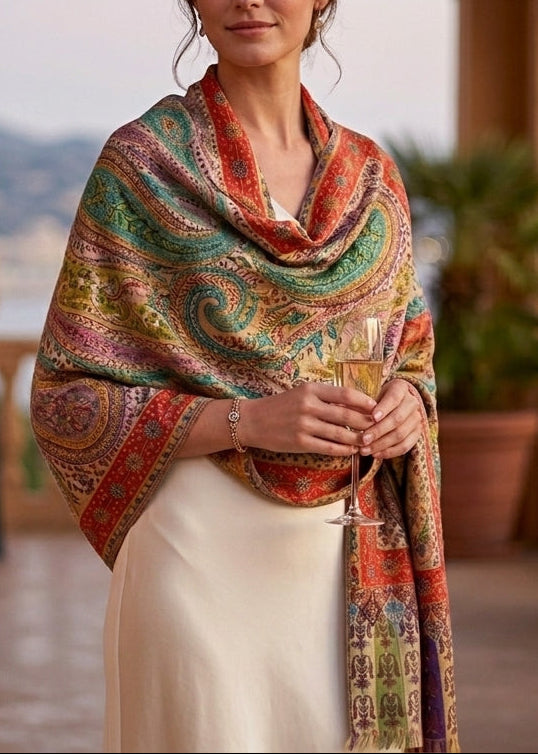 Stunning Kalamkari – Fine Cashmere Wool Shawl with Hand-Block Printing & Embroidery